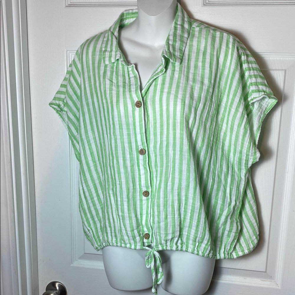Beachlunchlounge Green and White 100% Cotton Button Down Shirt Size XL Boxy